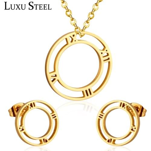 LUXUSTEEL necklace sets for women Hollow Out Roman Number Round Pendant Necklace Earrings Brinco Wedding Jewelry 2020 Collars