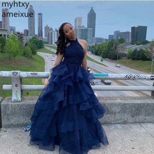 2020 Dark Navy A-line Blue Prom Dresses Custom Halter Neck Sleeveless Tiered Skirt Long Vestido De Fiesta Graduacion Plus Size