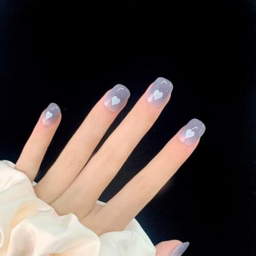 24pcs Artificial Nails With Glue Short Blue-Gray Gradient Love Nail Stickers Finished Fake Nails Press On Nail Square Designs DL