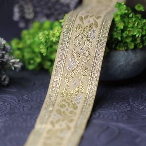 6Meters/lot National wind bright gold silk embroidery lace fabric clothing accessories sewing decorative ribbon wide 3.3CM A1450