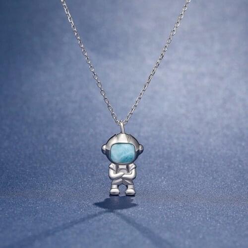 Astronaut Observer LOVE Universe Retro Style 925 Sterling Silver Jewelry Natural Precious Larimar Pendant Necklace for Women