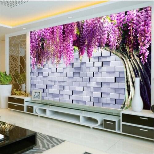 Beibehang Large Custom Wallpaper Mural 3D Cubic Brick Wall Wisteria Tree Background Wall papel de parede para quarto