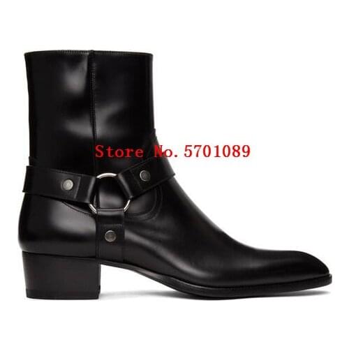 Man Paris Black Wyatt Harness Boots Ankle-high Buffed Calfskin Boots Pointed Toe Press-stud Straps O-ring Zip Calfskin Shoes