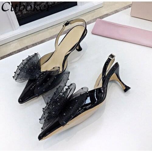Brand Designer Summer Women Sandals Pointed Toe Bowknot Rhinestone Kitten Heel Ladies Mules Slingback Party Wedding Shoes Woman