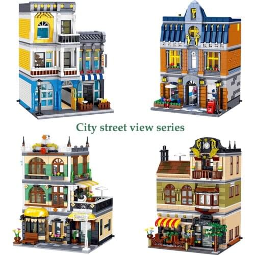 MOC City Streetview Architecture Building Blocks Hill Tavern Summer Coffee Shop Rome Restaurants Model Bricks Toys For Children