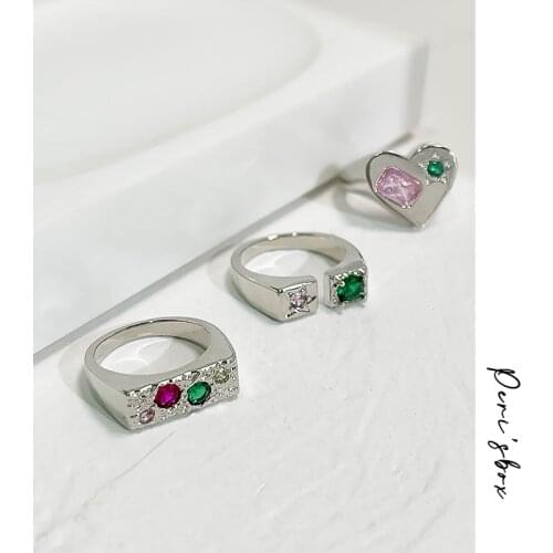 PerisBox Silver Color Copper Textured Micro Inlay Green Zircon Open Rings For Women Summer Romantic Love Heart Chunky Ring Sets