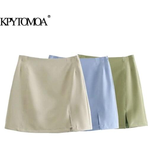 KPYTOMOA Women 2021 Chic Fashion A Line Front Slit Mini Skirt Vintage High Waist Side Zipper Female Skirts Mujer