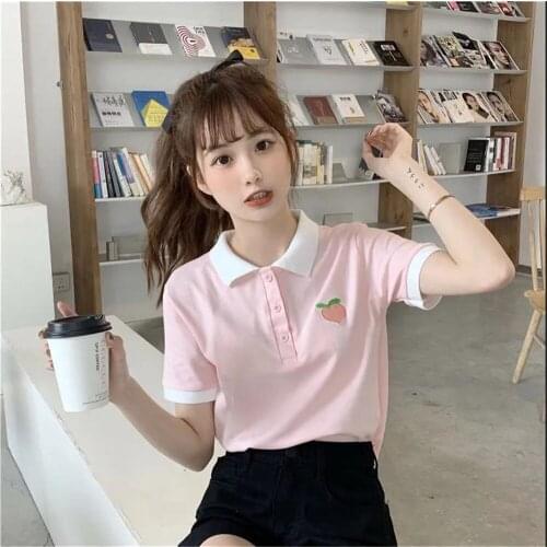 Cute Summer Korean Solid Polo Shirt Harajuku Japan Casual Embroidery T Shirt Hip Hop Punk Loose Student Shirt Funny Tops Girl