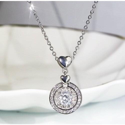 Fashion Love Heart Wedding Necklace Female Luxury Crystal Round Necklaces For Women Dainty Rose Gold Silver Color Chain Necklace