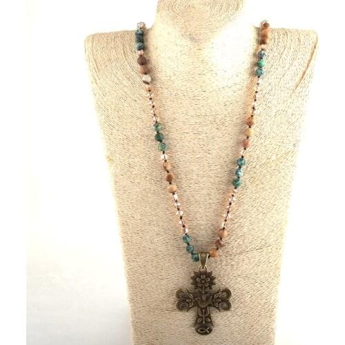 MD Fashion Bohemian Tribal Jewelry Multi Stone Beige Glass Long Knotted Metal Flower Bird Cross Pendant Necklaces