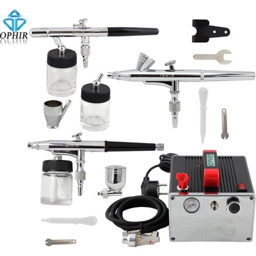 OPHIR Pro 3-Airbrush Set 0.2mm 0.3mm 0.35mm Dual-Action Kit with Air Compressor for Hobby Body Paint Nail Art _AC091+005+072+073