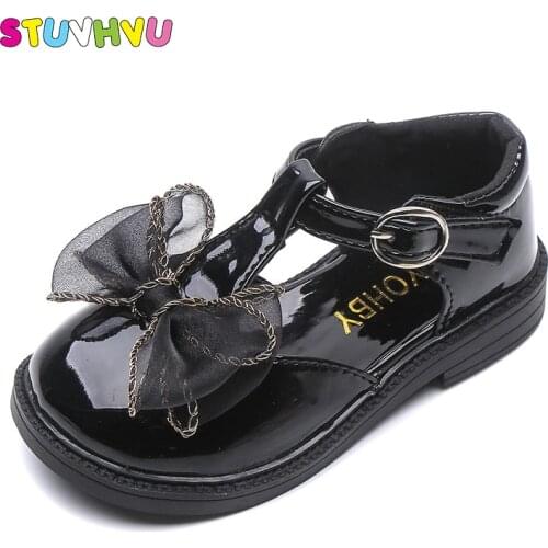 2021 New Kids Shoes for Girl White Black Patent Leather Princess Shoes Lace Bow Girls Shoes Spring and Autumn Children Sandals