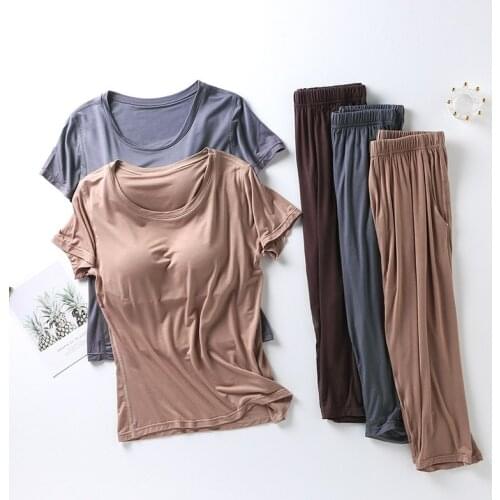 2021 new spring and summer modal short-sleeved cropped trousers bra with chest pad all-in-one home service suit