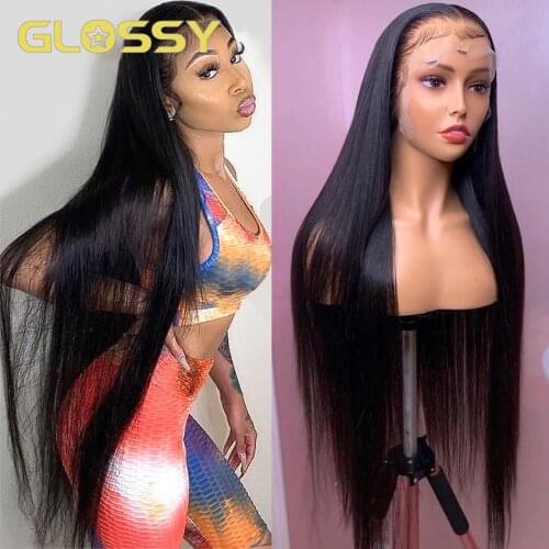 Brazilian 30 Inch Long Straight Lace Front Human Hair Wigs Glueless 13X4 Lace Frontal Wig 250% Density Natural Black Closure Wig