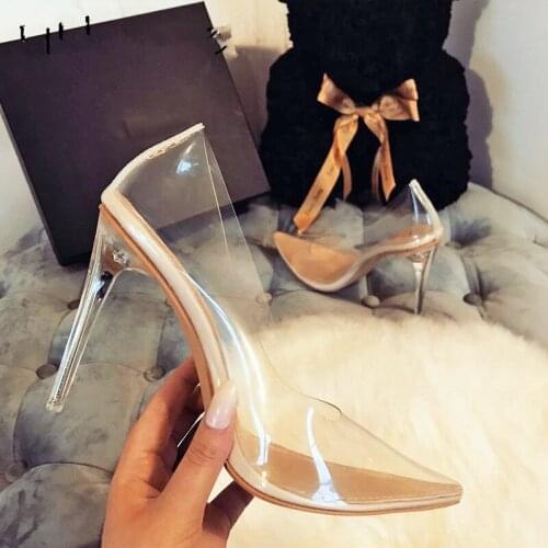 Clear PVC Transparent Pumps Sandals Perspex Heel Stilettos High Heels Point Toes Womens Party Shoes Nightclub Pump 35-42