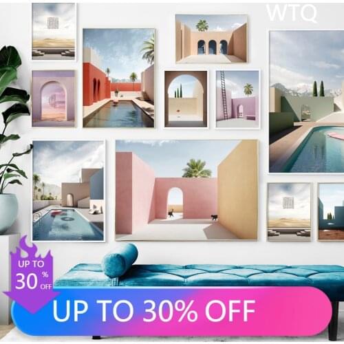Modern Abstract Architecture Canvas Painting Palm Tree Swimming Pool Wall Art Nordic Posters and Prints Pictures Home Decoration