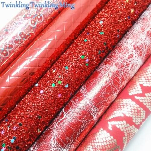 RED Glitter Fabric, Flowers Plaids Snake Faux Leather Fabric, Synthetic Leather Sheets For Bow A4 8"x11" Twinkling Ming XM265