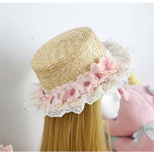 Mori Girl Summer flower Straw Hats Women Beach Sun Hat Lolita Round Flat Top Headwear B1039