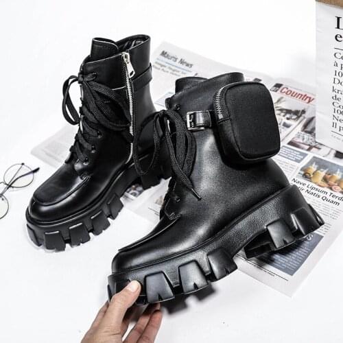 Womens Boots Pocket Ladies Ankle Boots Female Combat Runway Buckle Strap Zipper Ankle Boot Woman Platform Shoes Fashion Q10-57