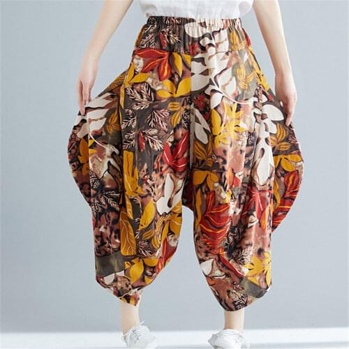 Sarouel Femme Floral print Chic Wide Leg Pants Bohemian Cotton Cropped Pantalons Summer Casual Sweet Harem Pants