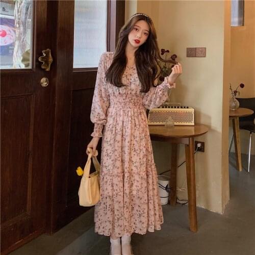 Women Long Floral Printed Dress Spring Midi Korean Long Sleeve A-Line Slim Waist 2021 Vintage Dress V-Neck Elegant Office Lady