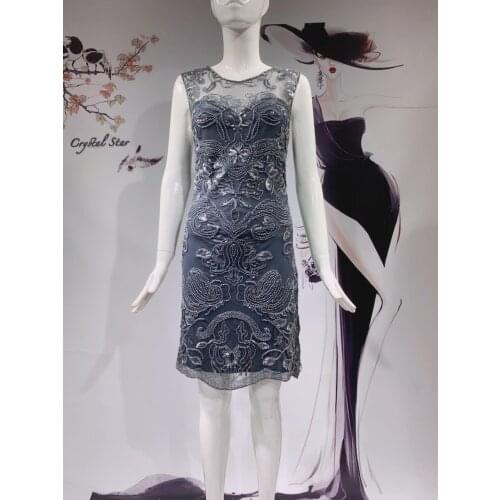 Handwork New Fashion Mesh Knee-Length Dress Ladies Sleeveless Slim Sequin Skirt Women Prom HO1069