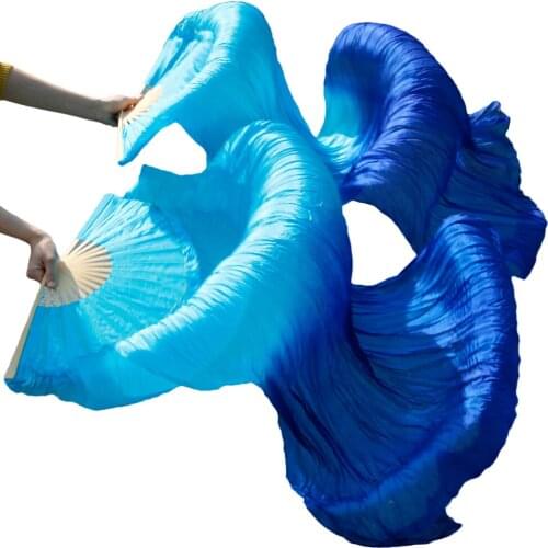 100% Real Silk Fans 1 Pair Handmade Dyed Bamboo Ribs Silk Fans Women Belly Dancing Props Silk Fans Turquoise+Royal blue 180*90cm