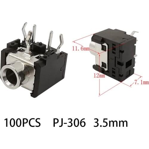 100Pcs PJ-306 3.5mm Stereo Female Audio Connector, PJ306 5 Pin DIP Headphone Socket Adapter, 3.5mm Audio Jack