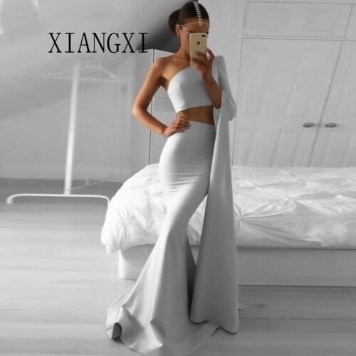 2020 Special Simple Two Piece One Shoulder Long Sleeves Cheap Party Prom Gowns Floor Length Grey Mermaid Prom Dress