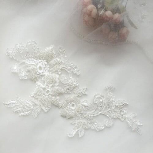 6 PCS Off White Heavy Bead Lace Applique, Bead Cord Lace Applique With Florals Motif