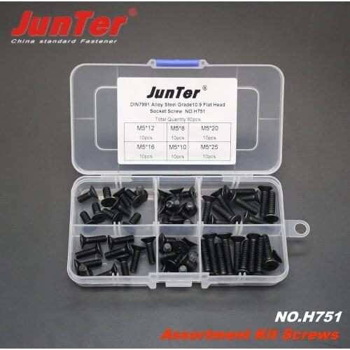 60pcs M5 (5mm) x 8 10 12 16 20 25mm Alloy Steel Grade10.9 High Tensile Socket Flat Head Screws DIN7991 Assortment Kit NO.H751
