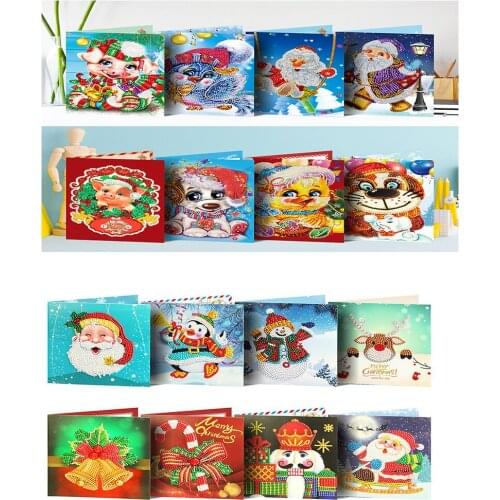 8Pcs 5D Diy Cartoon Animal Pig Diamond Painting Greeting Cards Santa Claus Picture Christmas Postcards Card Handmade Gifts Cute