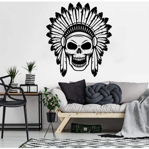 Large India Chief Cacique Wall Sticker Bedroom Kids Room Feather Tribe Indian Skull Wall Decal Playroom Vinyl Home Decor