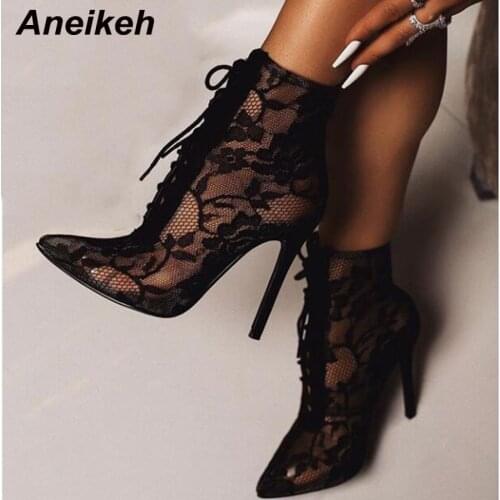 Aneikeh Black Mesh Womens Boots Fashion Pointed Toe Lace-up High Heels Women Transparent Ankle Boots Female Sandals Pumps Dress