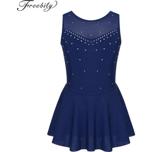 Kids Teens Sparkly Rhinestone Tulle Figure Ice Skating Roller Skating Dress Ballet Costume Gymnastics Leotard Girls Dance Wear