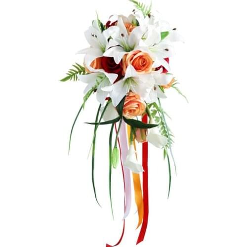 Artificial Lily Rose Flowers Bridal Bouquets Satin Ribbon Beach Church Wedding Decor, Bridesmaid Holding Flower