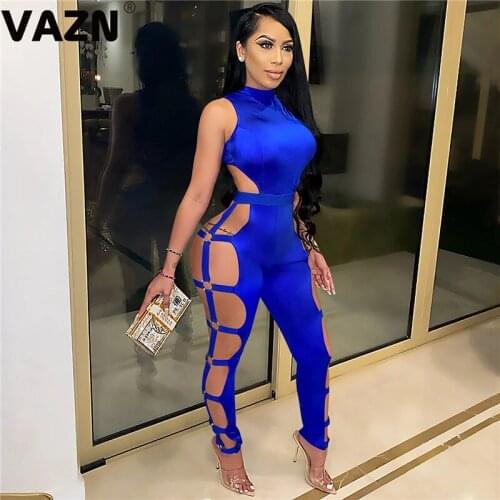 VAZN Hot Arrival Sale Women Sleeveless Strap O-neck Solid Hole Out Casual Jogging Femme Biker Jumpsuit Romper Jumpsuits