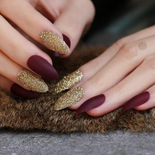 Almond matte with Glitter MIX DIY nail Stiletto blue False nail Burgundy red fake Nails art nude 24pcs full set marble card pink