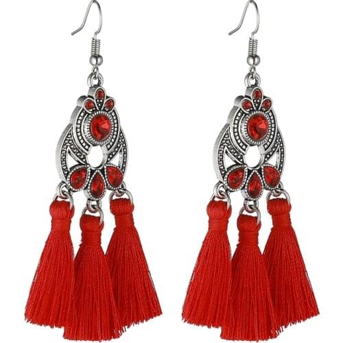 LOVBEAFAS Bohemian Crystal Tassel Earrings Black White Blue Red Pink Silk Fabric Long Drop Tassel Earrings For Women Jewelry