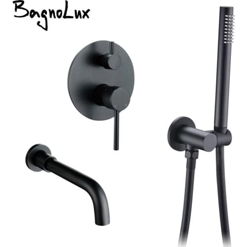 Shower Mixer Set With Handshower Holder Brass Wall Mount Spout Hose Bathtub Filler H/C Bath Bathroom Dual Handle Diverter Valve