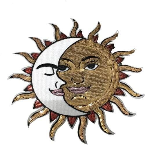 DZ Half Moon Half Sun God Face Sequined Iron on Patches for Clothes Jacket DIY Embroidery Appliques Large