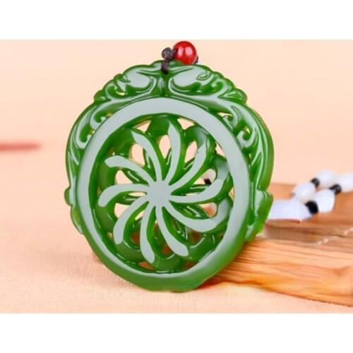 Natural Green Jade Pendant Beads Necklace Charm Jadeite Jewelry Double-sided Hollow Carved Gifts for Men
