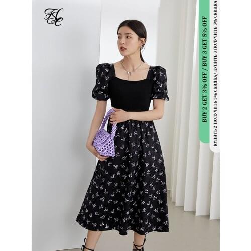 FANSILANEN Office Lady French Puff Sleeve Black Dress 2021 New Summer Floral Princess A-line Square Neck High Waist Dress
