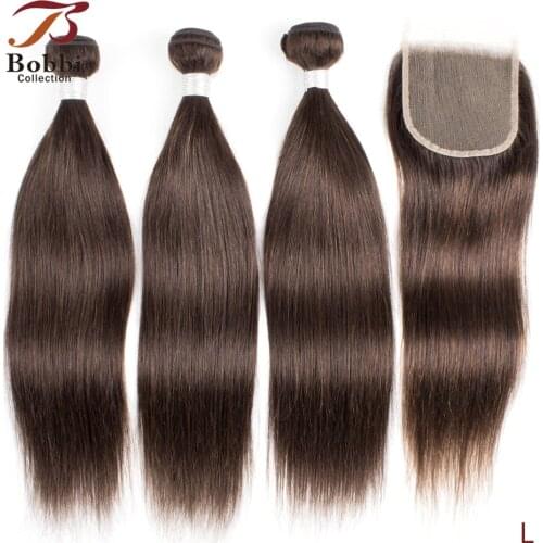 BOBBI COLLECTION Color 2 Dark Brown Straight Hair 2/3 Bundles with Closure 10-24 inch Indian Remy Human Hair Weave Extensions