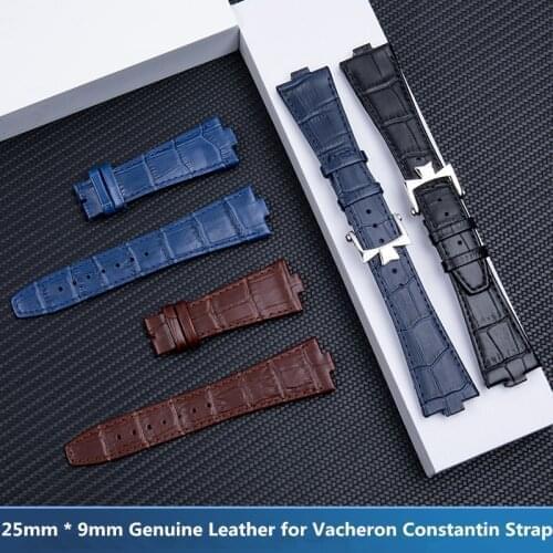 25mm*9mm Genuine Leather Cowhide Watch Band Replacement for Vacheron Constantin Strap Overseas Calfskin Black Folding Buckle