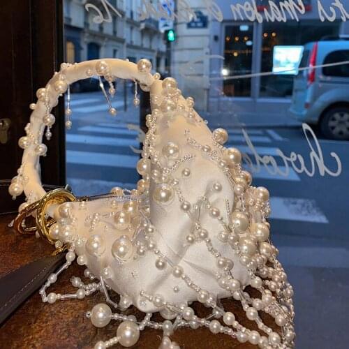 Women Totes Luxury Pearl Mini Bags Tassel Cotton Handbags Small Evening Bags White Wedding Purses 2020 Summer New Ladies Gift