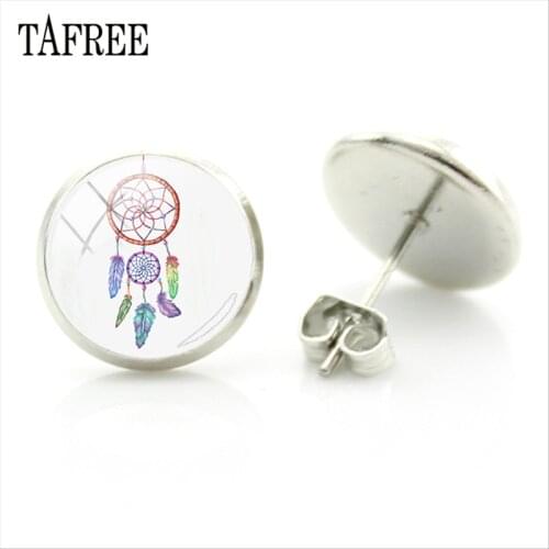 TAFREE Retro Feather Dreamcatcher Stud Earrings Glass Cabochon Photo Silver Color Bohemia Earrings Wedding Engagement Gift DH12