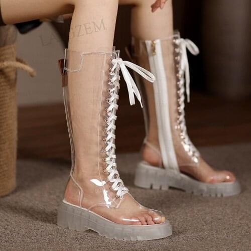 LAIGZEM Women Knee High Boots Clear PVC Transparent Round Toe Low 5.5CM Heeled Boots Comfortable Side Zip Shoes Woman Size 36 40