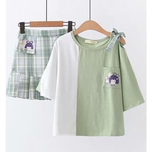 Two Piece Set Women Cartoon Print Patchwork T Shirt And Hight Waist Plaid Mini Skirts Plus Size S-xl 2021 Summer Girls Sets