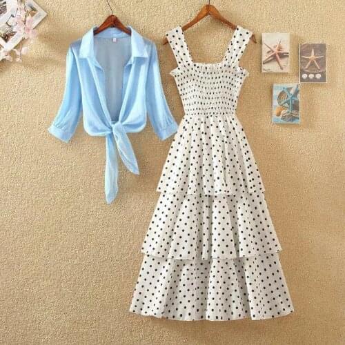 2021 Summer Women Casual Chiffon Shirt Top + Elegant Midi Strap Chiffon Dress 2 Piece Sets Female Plus Size Two Piece Suit Z179